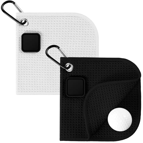 Hahafelt 2 Pcs Small Magnetic Golf Towel with Clip 6 x 6 Inch Microfiber Waffle Towels with Carabiner Clip Strength Industrial Magnets for Golf Balls Carts or Clubs(Black White)
