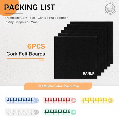 Image of RANUR 6 Pcs Felt Bulletin Board (30x30 cm) Self Adhesive Notice Boards with 50 Pins, Vision Board for Manifestation, Message Board for Notes, Photos, Office & Home Wall Decor (Black)