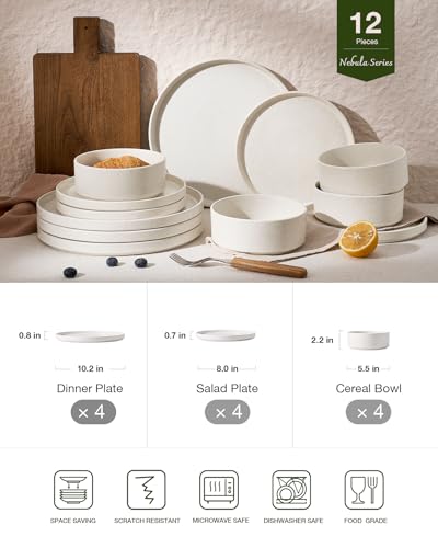 Image of Famiware Nebula Plates and Bowls Sets, 12 Pieces Stoneware Dinnerware Sets, Reactive Glaze Dish Set, Dishes Set for 4, Matte Beige White