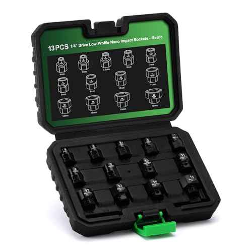 Image of TecoTek 13-Piece 1 /4-Inch Drive Metric Low Profile Impact Socket Set, Stubby Socket Set, 4mm to 15mm, No Skips Sizes, 6 Point, Cr-Mo, Shorter Socket for Tight Areas