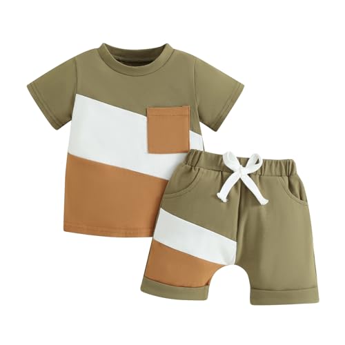 Vioyavo Toddler Kids Boys Summer Shorts Set Contrast Color Short Sleeve Round Neck T-shirt Top Elastic Waist Shorts 2Pcs Outfit (Army Green, 18-24 Months)
