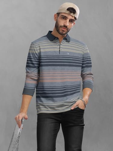 Image of BULLMER Striped Textured Printed Polo Neck Fullsleeve T-Shirt with Rib for Men