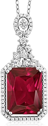 Gem Stone King 925 Sterling Silver Red Created Ruby Pendant Necklace For Women (5.60 Cttw, Emerald Cut 14X10MM, with 18 Inch Silver Chain)