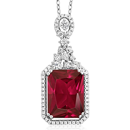 Gem Stone King 925 Sterling Silver Red Created Ruby Pendant Necklace For Women (5.60 Cttw, Emerald Cut 14X10Mm, With 18 Inch Silver Chain) #TOP24