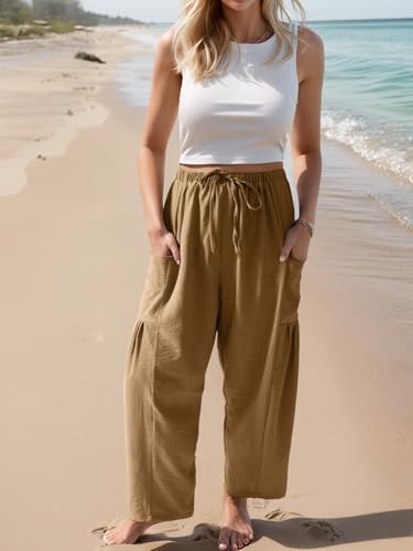 HWOKEFEIYU Women Wide Leg Pants Summer Casual Low Waist Loose Drawstring Harem Pants Beach Palazzo with Pockets2