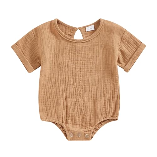 Image of Merqwadd Baby Boy Girl Bubble Romper Infant Oversize Plain Crewneck T-Shirt Bodysuit Tops