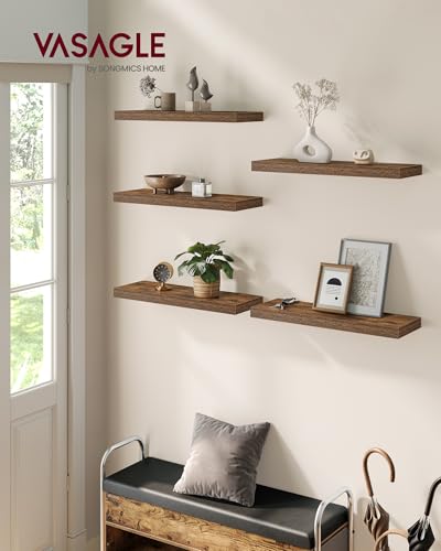 VASAGLE Wall Shelves Set of 5, Floating Shelves, Wall Mounted, 8 x 23.6 x 1.5 Inches, Display Shelves for Picture Frames, Wall Decor, Hanging Shelf for Living Room, Kitchen, Rustic Brown ULWS076B01 - Image 3