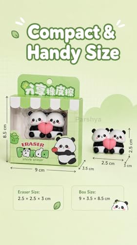 Image of Parshya Cute Paanda Eraser Set (2 Pcs) with Gift Box | Kawaii Split Heart Design | Non-Toxic Soft Rubber Erasers for Kids School Supplies Return Gifts Stationery Items for Girls Boys