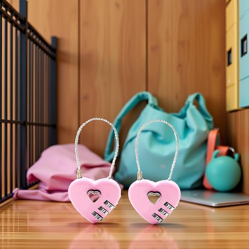 Image of 2Pcs Pink Combination Lock, 3 Digit Heart Shaped Wire Rope Padlock for School Gym Locker, Sports Locker, Fence, Toolbox, Case, Hasp Storage Combination Padlocks