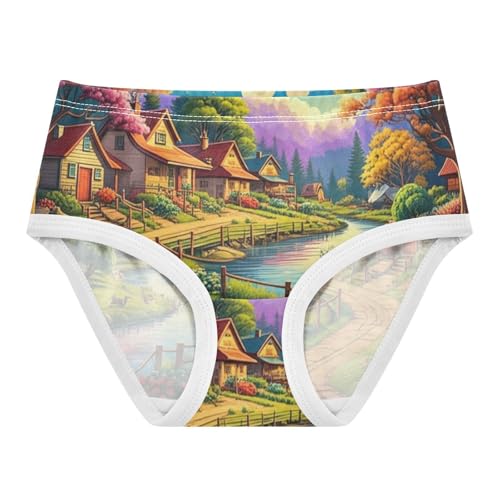 Toddler Underwear Floral 2t Cotton Girl Panties Cute Designer Briefs Underpants Colorful Countryside Village Scene
