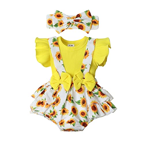 Image of Newborn Baby Girl Clothes Infant Romper Floral Suspender Dress Ruffle Sleeve Onesie Outfit Jumpsuit Headband Spring Summer