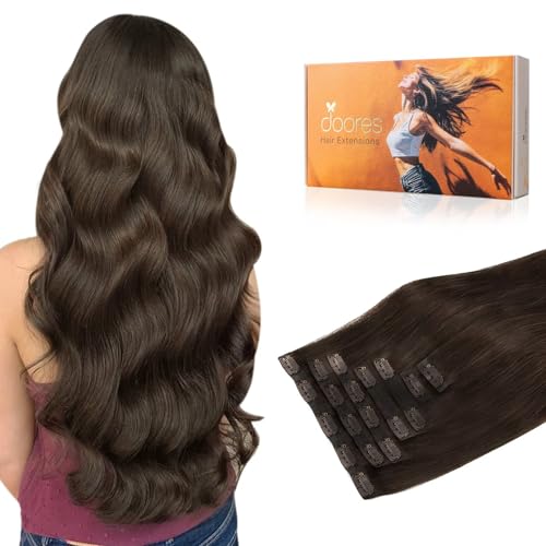 Image of DOORES Real Human Hair Extensions, Light Dark Brown, 16 Inch 110g 7pcs, Clip in, Seamless, Remy, Invisi Edge, Straight
