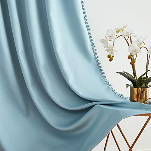 Image of Treatmentex 100% Blackout Curtain Blue Sliding Door Curtains Pom Pom Extra Wide Glass Door Curtains for Living Room Energy Efficient Thermal Patio Door Drapes Grommet Top 1pc 100x84 Light Blue