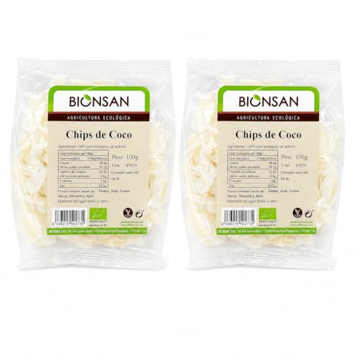 Pack 2 Chips de Coco Bio 100 g, Láminas de Coco Ecológicas Crujientes para Desayunos, Yogures, Bowls, Repostería y Snacks, Total 200 g