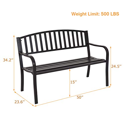 Image of Giantex Outdoor Bench, 50 inch Patio Garden Bench with Steel Frame, Slat Design, 500 Lbs Weight Capacity, Patio Seating Bench for Porch, Backyard, Poolside, Outside Decor Furniture, Park Loveseat, Black