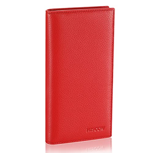 Image of HISCOW Full Grain Leather Men's Long Wallet, 15 Card Slots, Pebbled Red, 6.97 inchH x 3.5 inchW x 0.98 inchD, Classic | Gusseted bill compartment, tall bifold design, clear ID window, ideal for coat pockets or briefcases, turned-edge, gift box