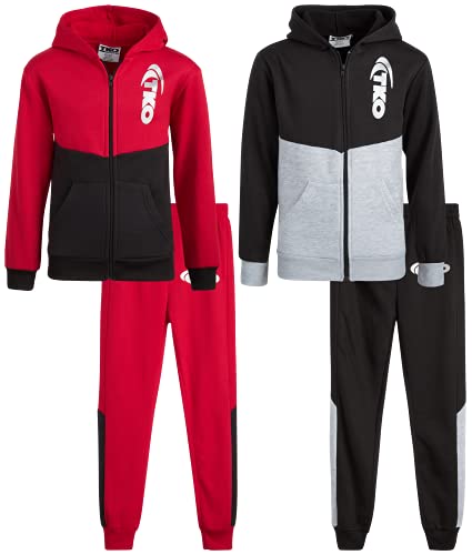 TKO Boysâ€™ Sweatsuit Set â€“ 4 Piece Performance Fleece Hoodie and Joggers Sweatpants (4-12), Size 10/12, Red/Black/Grey Colorblock