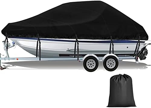 Trailerable Boat Cover 14-16 ft Waterproof 210D Marine Grade Polyester Fits V-Hull,Bass Boat,Fishing Boat,Fish&Ski,Pro-Style,Runabout,with Black Straps,Up to 14ft-16ft Long X 90" Wide Black