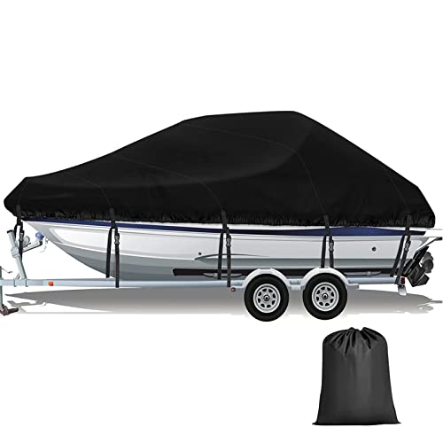 Trailerable Boat Cover 14-16 Ft Waterproof 210D Marine Grade Polyester Fits V-Hull,Bass Boat,Fishing Boat,Fish&Ski,Pro-Style,Runabout,With Black Straps,Up To 14Ft-16Ft Long X 90" Wide Black #TOP2