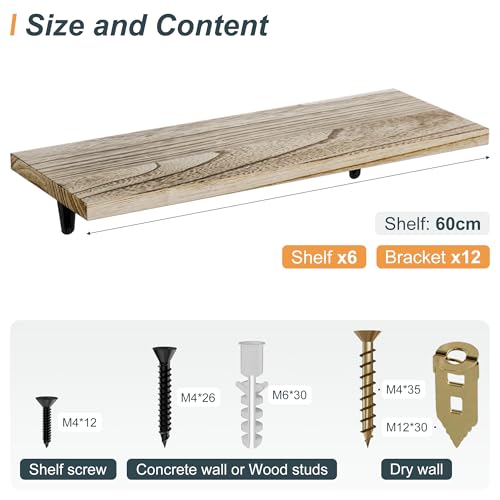 Image of SKYSEN Floating Shelves for Wall Set of 6, 23.6in Wood Wall Shelf for Decor, Bathroom, Bedroom, Storage, Book,Kitchen, Living Room - Rustic Brown(fs-60-l)