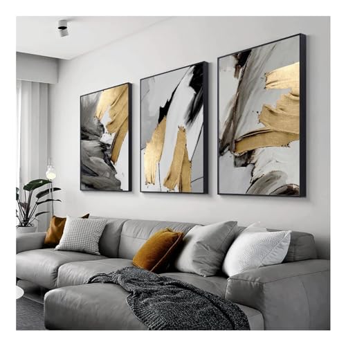Tableau abstrait gris doré pour salon chic et bureau triptyque moderne 40x60 cm