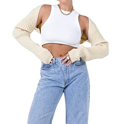 Nufiwi Y2K Women Long Sleeve Crop Top Shrug Cardigan Crochet Color Block Bolero Ribbed Knit Tops Patchwork Tee Shirts Cute Streetwear(Bolero Beige,M) #TOP1