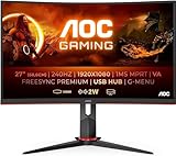 Lieferumfang AOC C27G2ZU/BK 68,6 cm (27 Zoll) schwarz/rot gebogener PC-Monitor, Stromkabel, HDMI, DisplayPort, Installations-CD, Garantieblatt