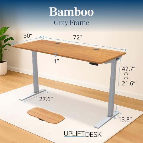 Image of UPLIFTDESK Bamboo (72 x 30 inch) Standing Desk 2-Leg V3 Adjustable Stand Up C-Frame (Gray), Advanced Keypad, Wire Grommets, Wire Tray, Rocker Board