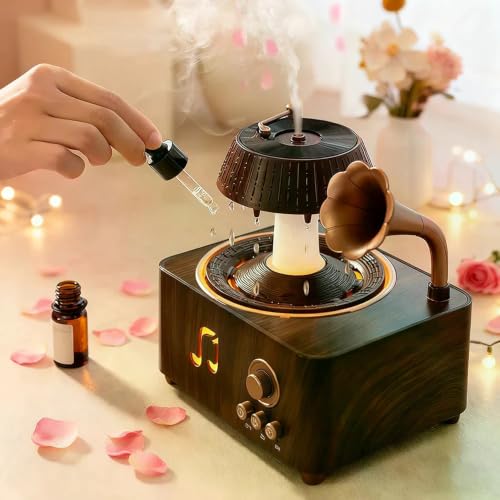 Image of KIMEE Retro Gramophone Rain Humidifier Aroma Diffuser Cool Mist White Noise LED Night Light Vinyl Record Design for Bedroom Home Office