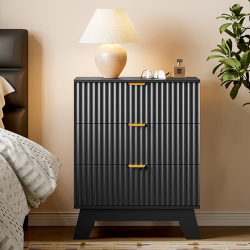 Image of BORNOON Fluted 3 Drawer Dresser, 30.3 inch Tall Compact Modern Boho Chest of Drawers, Wooden Storage Cabinet for Bedroom, Living Room, Entryway, Curved Profile Design