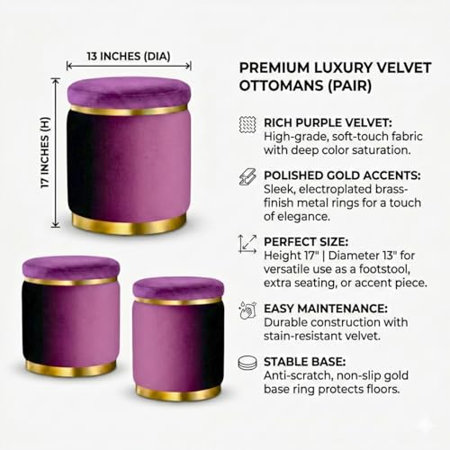 Image of AHAMNA Decorative Ottoman Pouffes for Sitting - Two-Piece Set of Puffy Stools and Footstools - Round Ottoman Stool for Living Room Furniture (Purple)