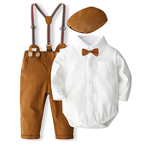 Image of SALNIER Baby Boy Suit Set Infant Formal Outfit Tuxedo | Soft Cotton Shirt Suspenders Pants Bow Tie Beret Hat 5pcs Set, For Wedding Baptism Birthday Party