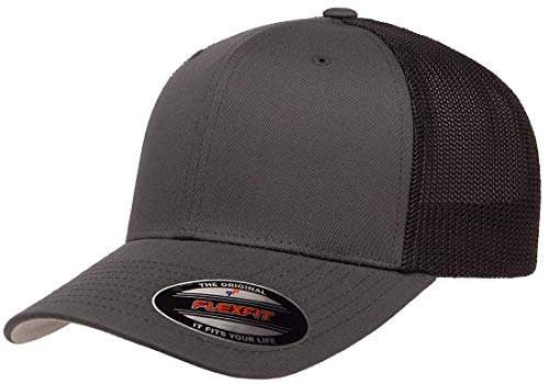 The Hat Pros Flexfit 6511 Fitted Mid-Profile Stretchable Mesh Panels Trucker Cap - One Size - Charcoal/Black