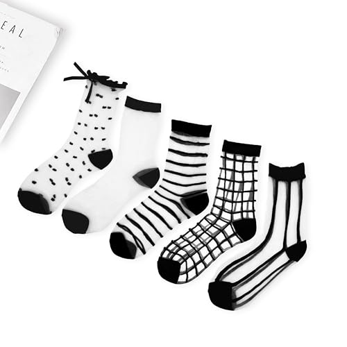 5-Pairs Sheer Ankle Socks - Black See-Through Socks with Striped/Plaid/Dot Patterns for Women & Girls4