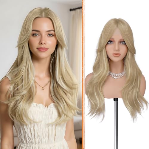 Haloo Blonde Wigs with Curtain Bangs - Lace Front Hairline Middle Part Long Layered Natural Looking Wavy Hair Synthetic Women Wig for Daily Party, 22 Inch Dirty Blonde