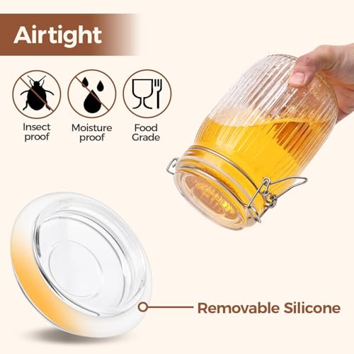 Image of ginoya brothers Lining Textured Airtight Glass Storage Jar with Clip Lock Lid - Kitchen & Pantry Organizer, Multiple Sizes For Dry Food, pickles, beans, cookies (6, 1000 ML)