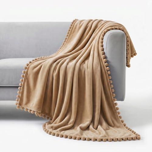 Image of SANMARINO 250 GSM Flannel Blanket for Double Bed | Ultra Soft Velvet Touch Throw Blanket with Decorative Pom Pom Fringe | Lightweight & Breathable All-Season /Mild Winter -228x228 cm,Beige