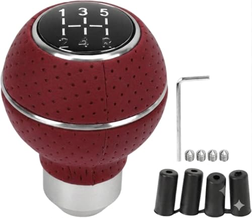 Image of AutoBizarre 5 Speed Aluminum Base Metal Ring Leather Covered Gear Knob Gear Shifter Handle Knob for All Manual Transmission Cars (Silver Ring Red Leather)