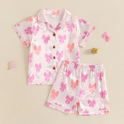 Kuriozud Toddler Kids Little Girls Halloween Satin Pajamas Satin Silky Pjs Set Short Sleeve Button Down Nightwear Sleepwear2