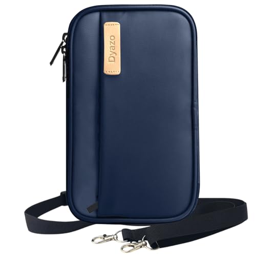 Image of Travel Passport Holder Cover with Shoulder Strap | Compact Organizer Bag for Document, Passport, Cards, Boarding Pass, Cash, Cheque Book & Keys for Men and Women (Blue)