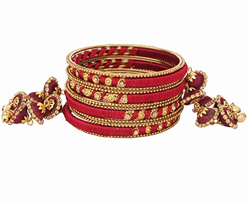 Image of NMII Metal & Silk Thread Jhumka Zircon Latkan Stylish Bangles Set For Women's and Girls | Women's Fancy Latkan Bangles Set | Ethnic Fashion Jewellery- Set of 12 Bangle, (G405 Marron-2.8(2.8))