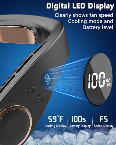 Image of FWV Neck Fan with Cooling Plate, Quiet 30dB, 3-24Hrs Cooling,5500mAh Battery,LED Display Necklace AC Cooler, USB Bladeless Portable Personal Wearable Fans that Blow Cold Air for Men Women Kids Black