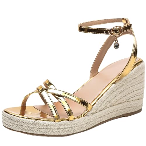 Image of Dressy Open Toe Sandals Platform Wedge Sandals with Cushioned Insole and Ankle Strap Buckle,Strappy Espadrille Wedge Sandals for Women Comfortable Summer