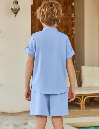 Image of Arshiner Boy's 2 Pieces Linen Sets Short Sleeve Henley Shirt and Shorts Summer Beach Matching Outfits 4-12 Years
