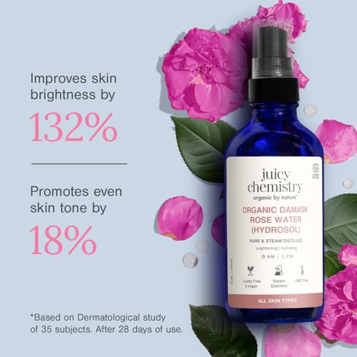 Juicy Chemistry Organic Rose Water (Hydrosol), 50 ml | Face Toner for Glowing, Brighter and Hydrated Skin | Made with Bulgarian Damask Roses - Clinically Tested