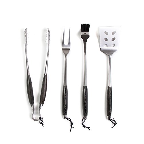 Schmidt Brothers - BBQ Ash 4 Piece Grill Set Full-Forged Stainless Steel Grilling Utensils Including Spatula Fork Basting Brush and Tongs with All Wood Handles