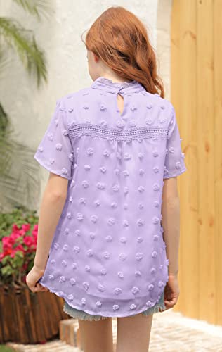 Girls Cute Dot Chiffon Blouses Short Sleeve V Neck Loose Shirts Soft Casual Summer Tops #TOP3