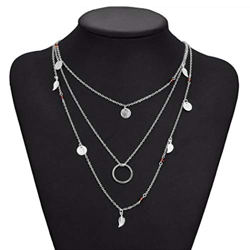 Damen Mehrreihige Kette Silber mit Blatt Anhänger für Frauen Mädchen,3 Reihig Personalisierter Blätter Plättchen Modeschmuck Boho Halskette Choker Geburtstag Geschenk für Freundin Mutter Junge Frau Cover