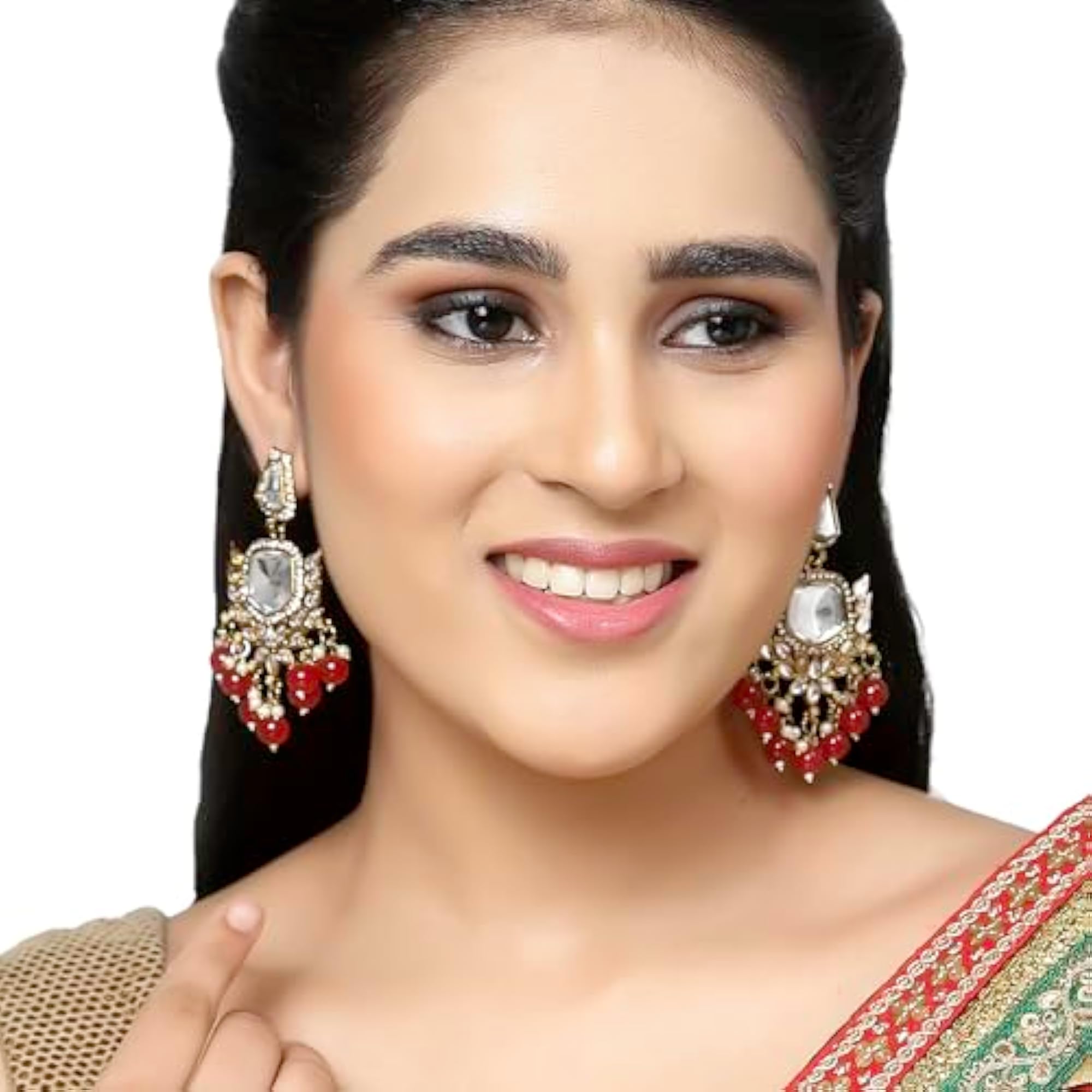 Gold-Plated Kundan & Pearls Mirror Drop Earrings