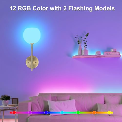 Image of Brass Battery Operated Wall Sconces Set of 2, Rechargeable Wireless Wall Lights with Milky White Frosted Glass, 12 RGB and 3CCT Dimmable, Wall Lamps with Remote for Bedroom Living Room Hallway